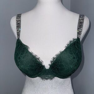Green Lace Bra with Embellished Straps